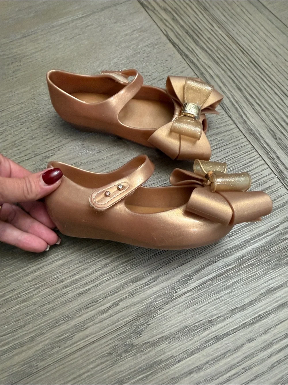 Mini Melissa Metallic Rose Gold Bow Mary Jane Flats